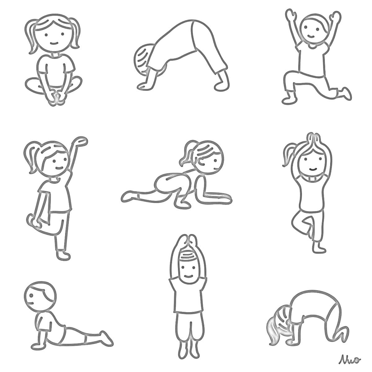 На раскраске изображено: Упражнения, Зарядка, Йога, Растяжка, Физкультура, Здоровье, Фитнес, Спорт