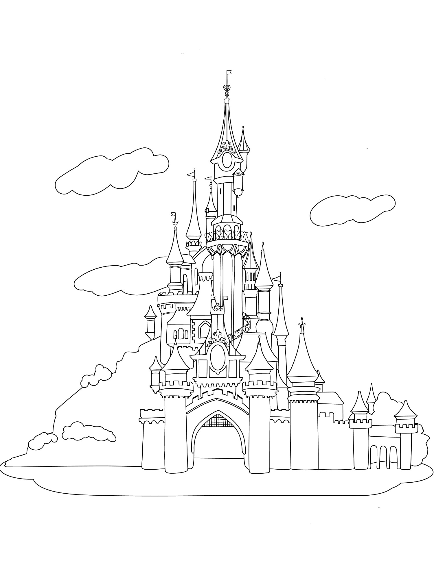Раскраска замок с башнями, ворота, холм, облака