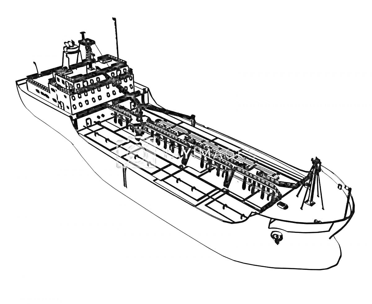 На раскраске изображено: Корабль, Судно, Палуба, Морской транспорт, Судоходство, Мореплавание, Надстройки