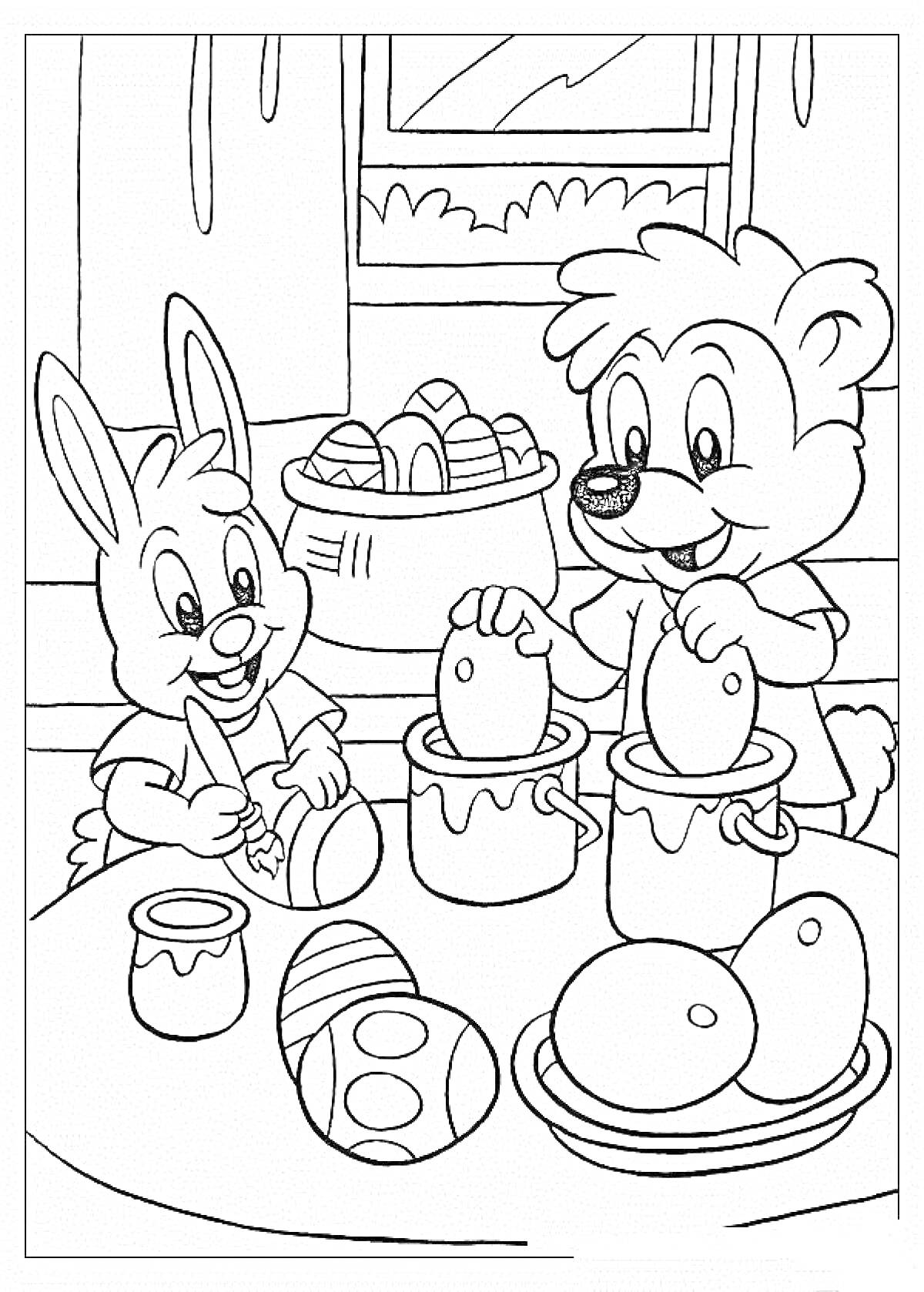 Раскраска Кролик и медвежонок красят пасхальные яйца на кухне