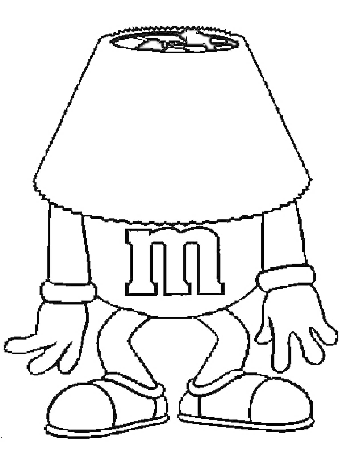 Раскраска Персонаж из M&M's с абажуром вместо головы, с логотипом 