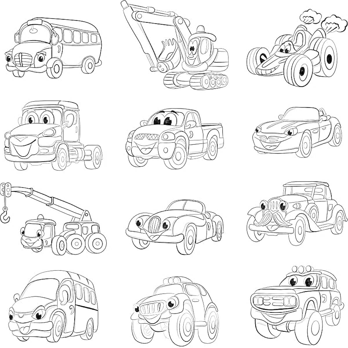 Раскраска Раскраска с множеством машин, включая автобус, экскаватор, внедорожник, грузовики, автомобиль, кран, гоночную машину, и микроавтобус с разными выражениями лиц