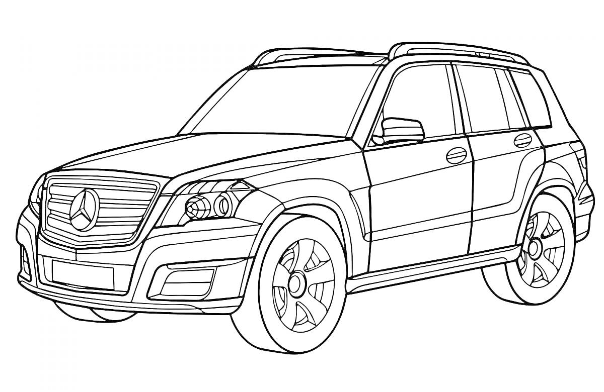 Раскраска Geländewagen (Гелик) - детская раскраска с видом внедорожника Mercedes, переднего вида фар, дверей и колёс