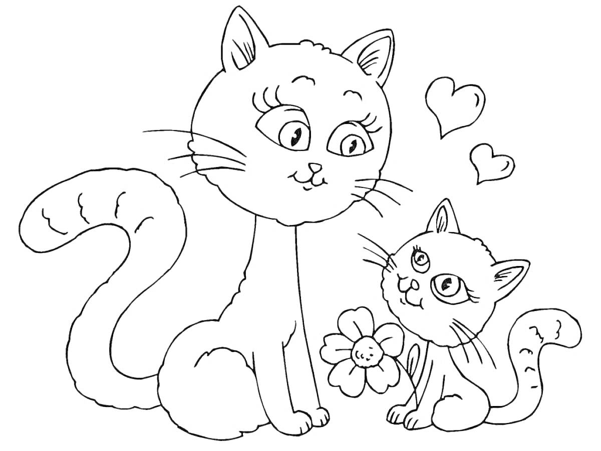 Раскраска Две кошки, одна взрослая и одна котёнок, одна кошка держит цветок, над ними два сердца