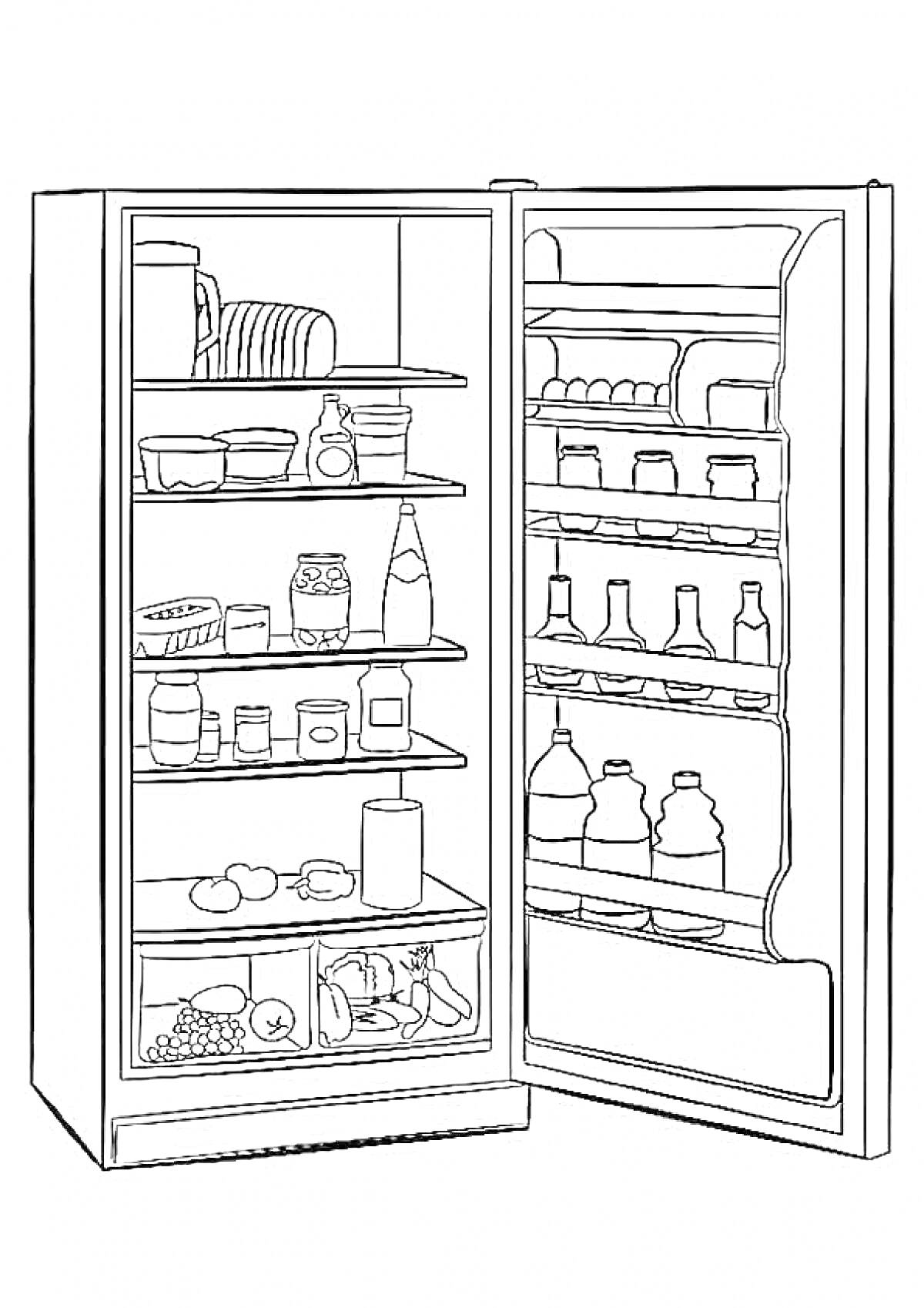 Раскраска Холодильник с продуктами: посуда, контейнеры, бутылки, банки, яйца, фрукты, овощи