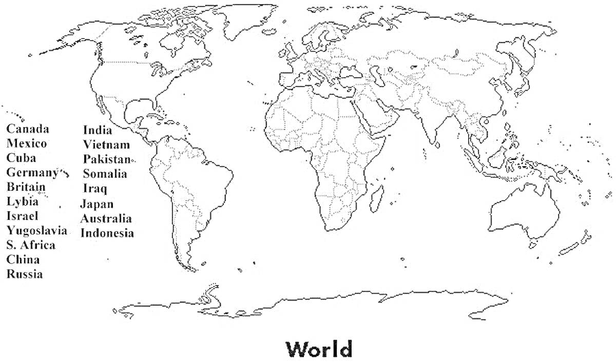 На раскраске изображено: Карта мира, Канада, Мексика, Германия, Британия, Израиль, Китай, Россия, Индия, Япония, Австралия, География, Континенты