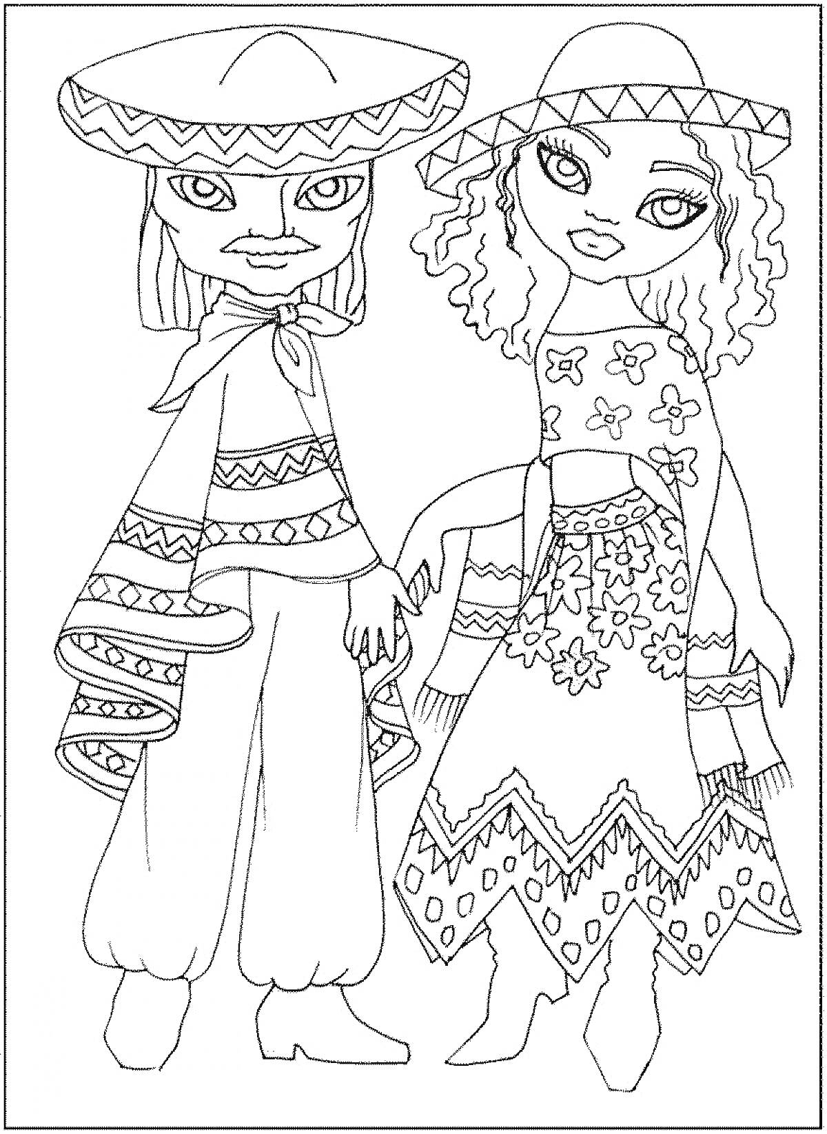 Раскраска Дети в традиционных мексиканских костюмах с узорами, мальчик в сомбреро и пончо, девочка в платье с завязками