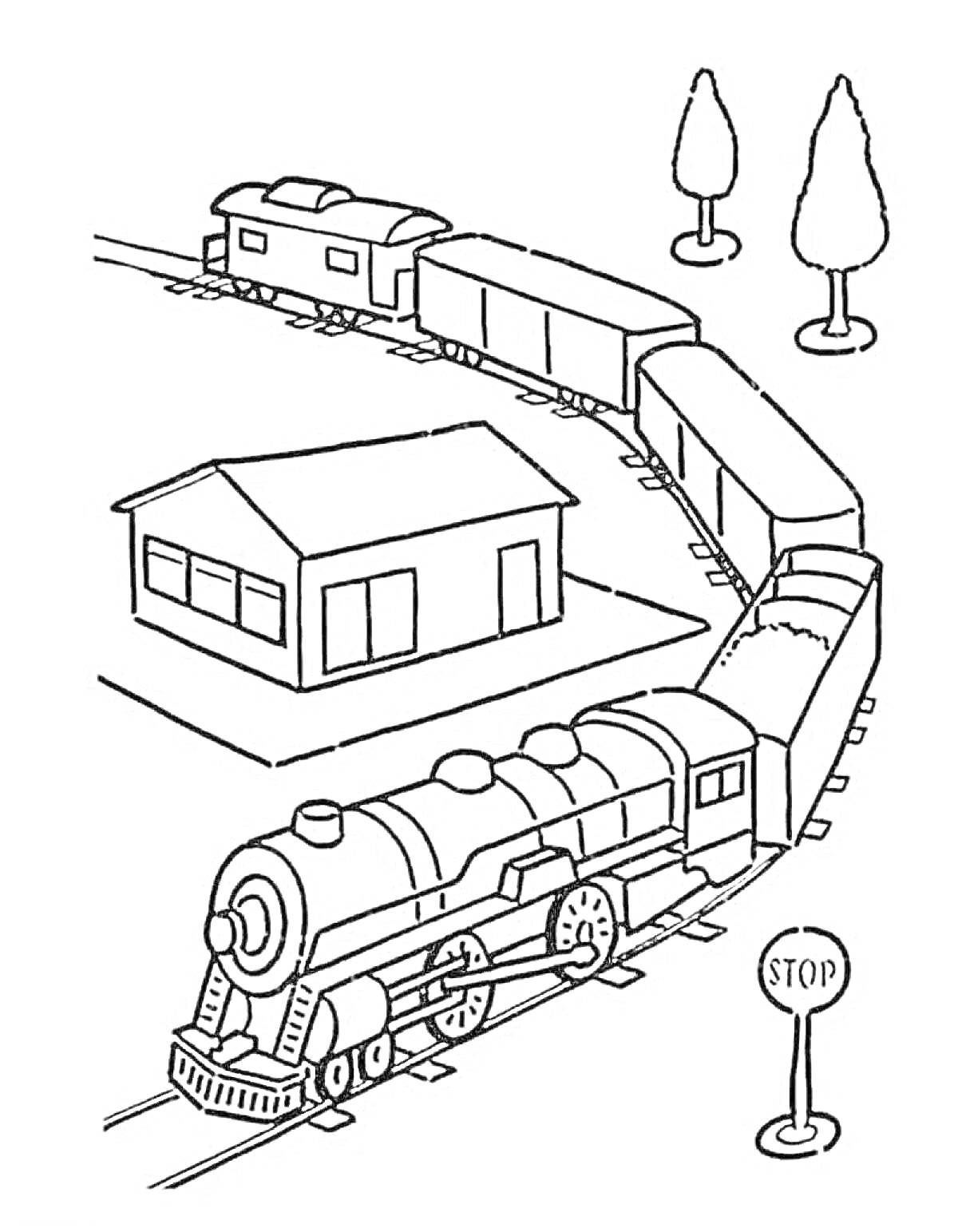 Раскраска Паровоз с вагонами на железной дороге, дом, знак 