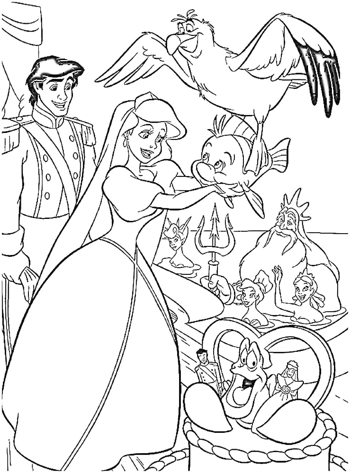 Раскраска Ариэль с друзьями - принц, чайка, рыбка, морской лев и краб на корабле