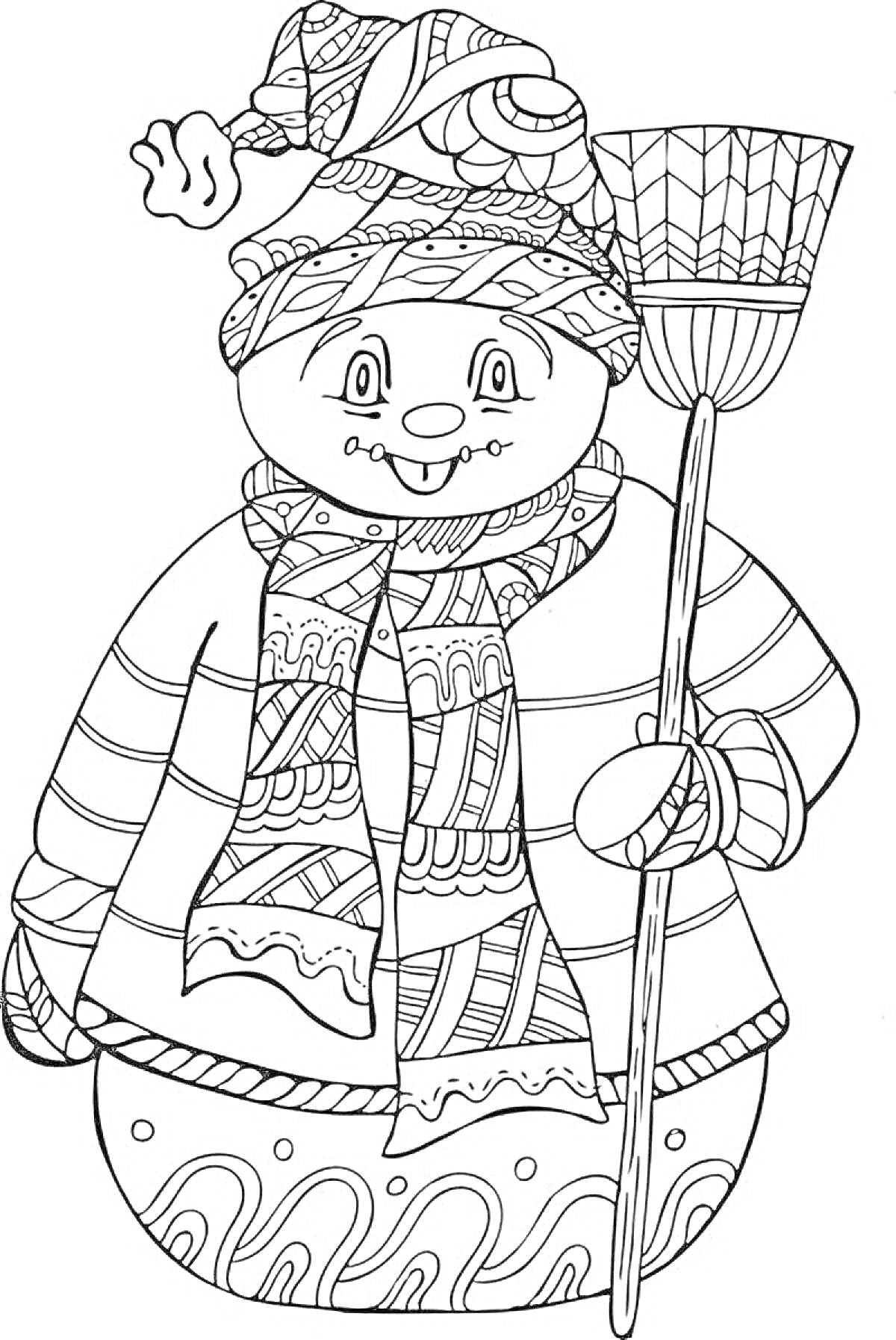 Раскраска Снеговик в шапке и шарфе с метлой на фоне узоров