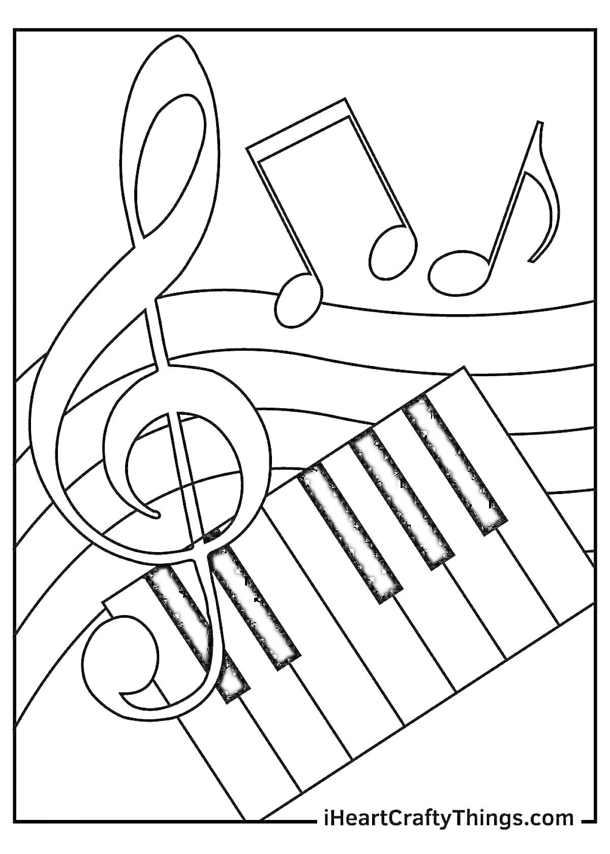 Раскраска Скрипичный ключ, ноты и клавиши пианино
