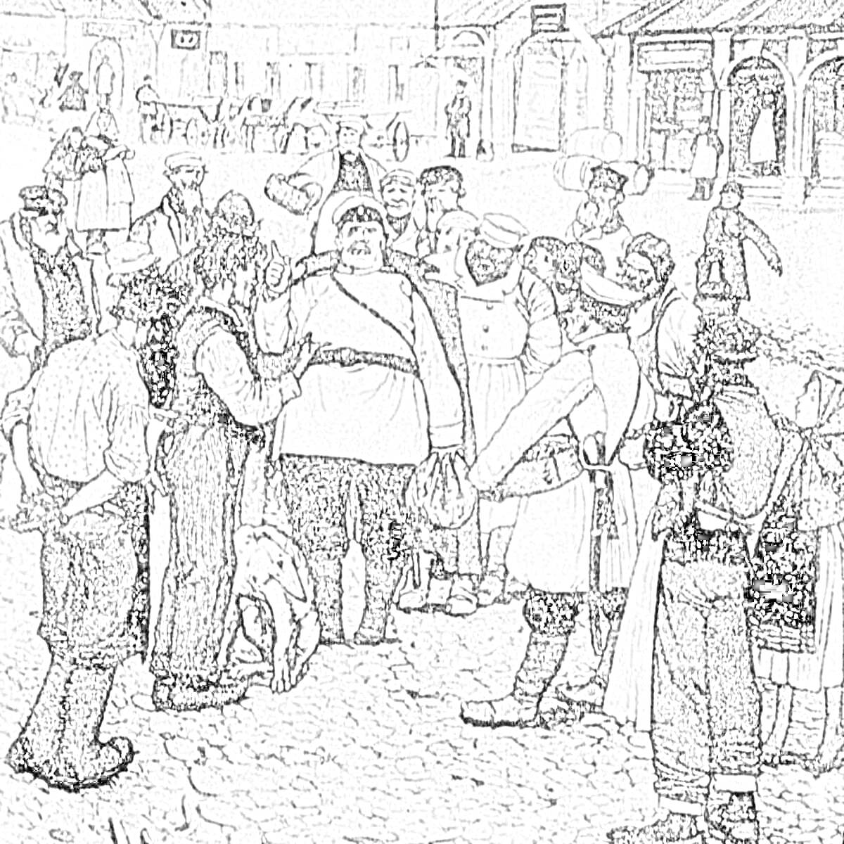 На раскраске изображено: Чехов, Хамелеон, Здания, Площадь, Толпа, XIX век