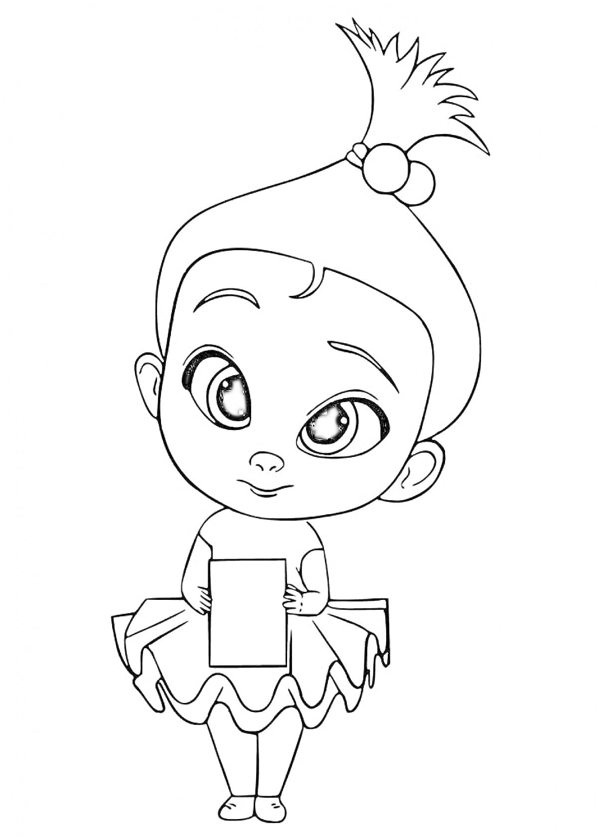 Раскраска Девочка с бантом и пучком, держащая лист бумаги