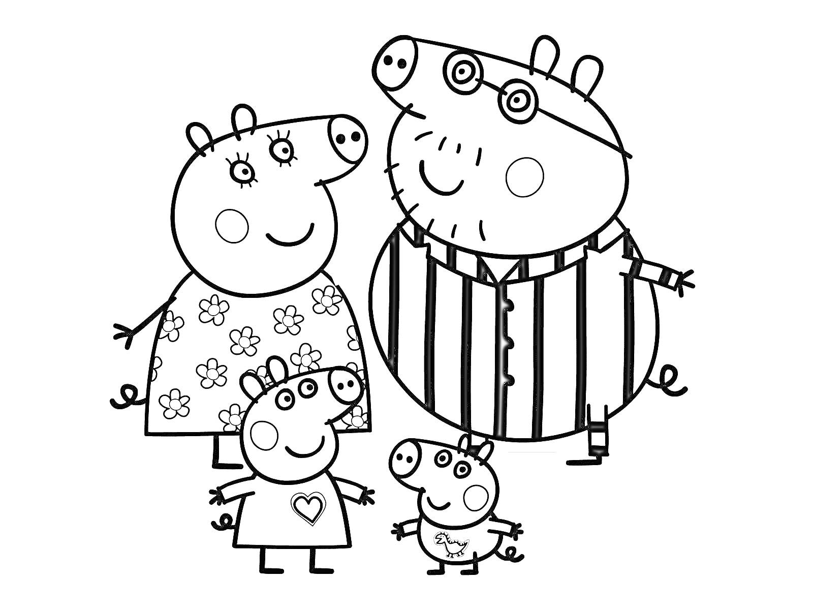 Раскраска Семья из четырех свинок — мама в платье с цветами, папа в полосатой рубашке, две маленькие свинки, одна в платье с сердечком, другая с динозавром