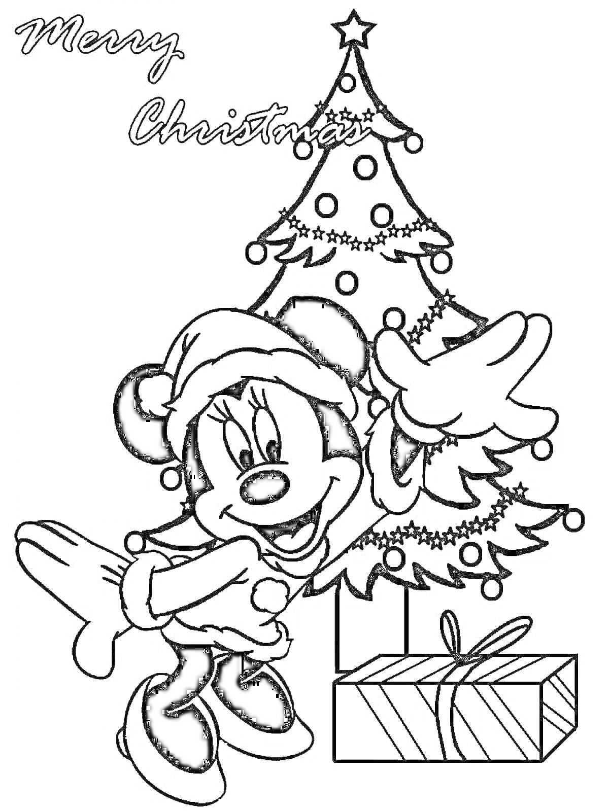 Раскраска Микки Маус с новогодней елкой и подарком