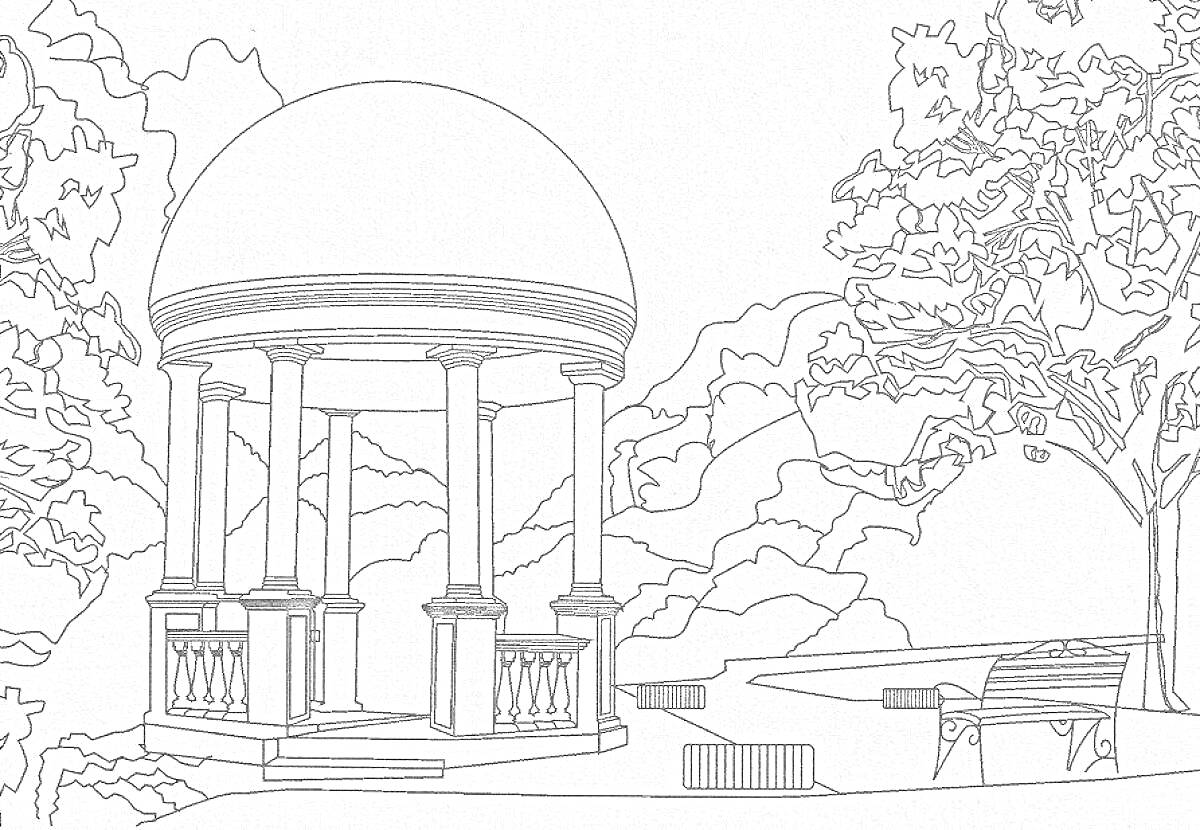 Раскраска Беседка в парке с лавочкой, деревьями и кустами