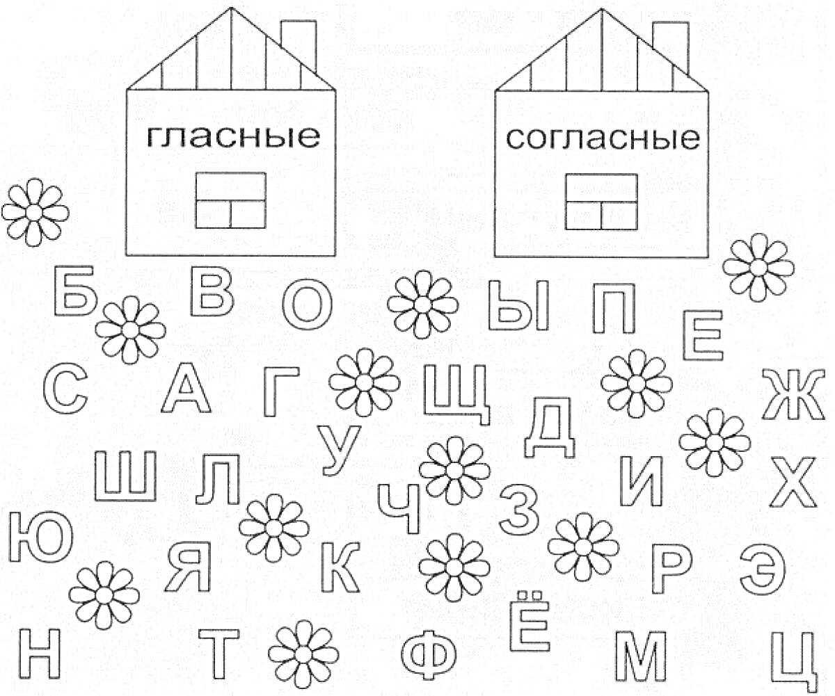 Раскраска Домики для гласных и согласных, цветы и буквы