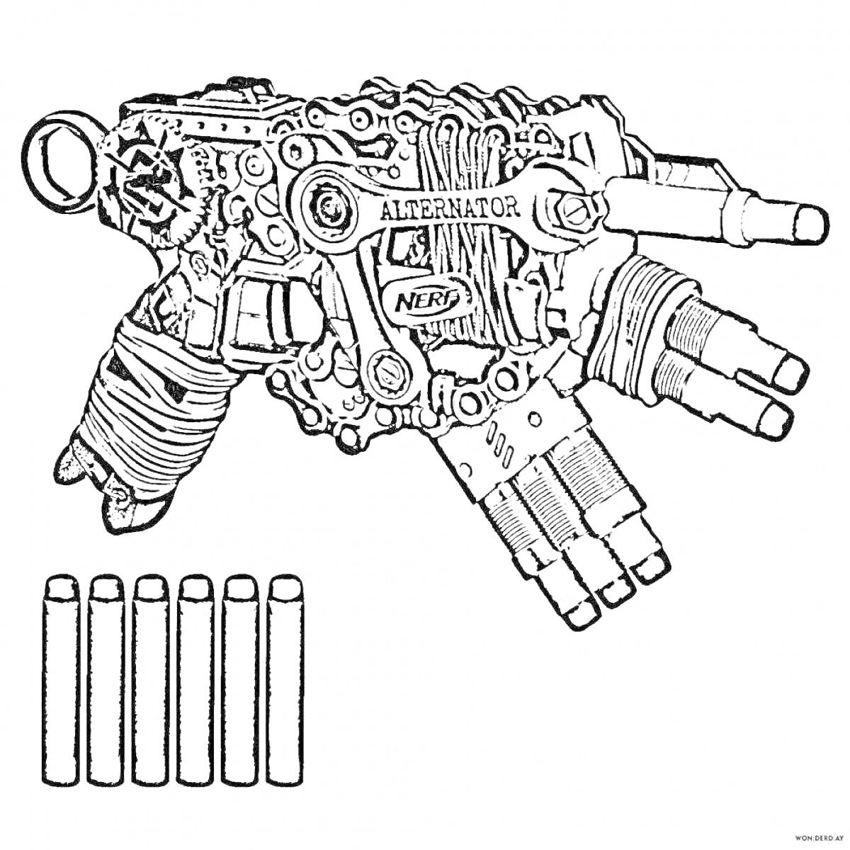 Раскраска Бластер Nerf Alternator с патронами