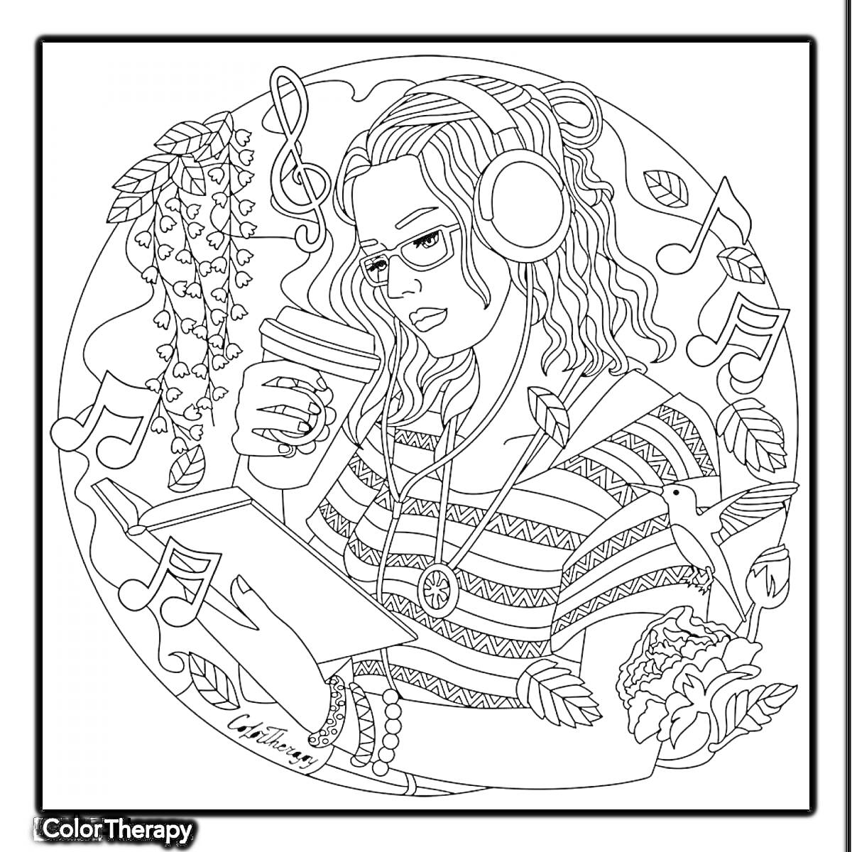 Раскраска девушка с книгой и кофе в наушниках, музыкальные ноты, цветы, листья, хрустальная подвеска