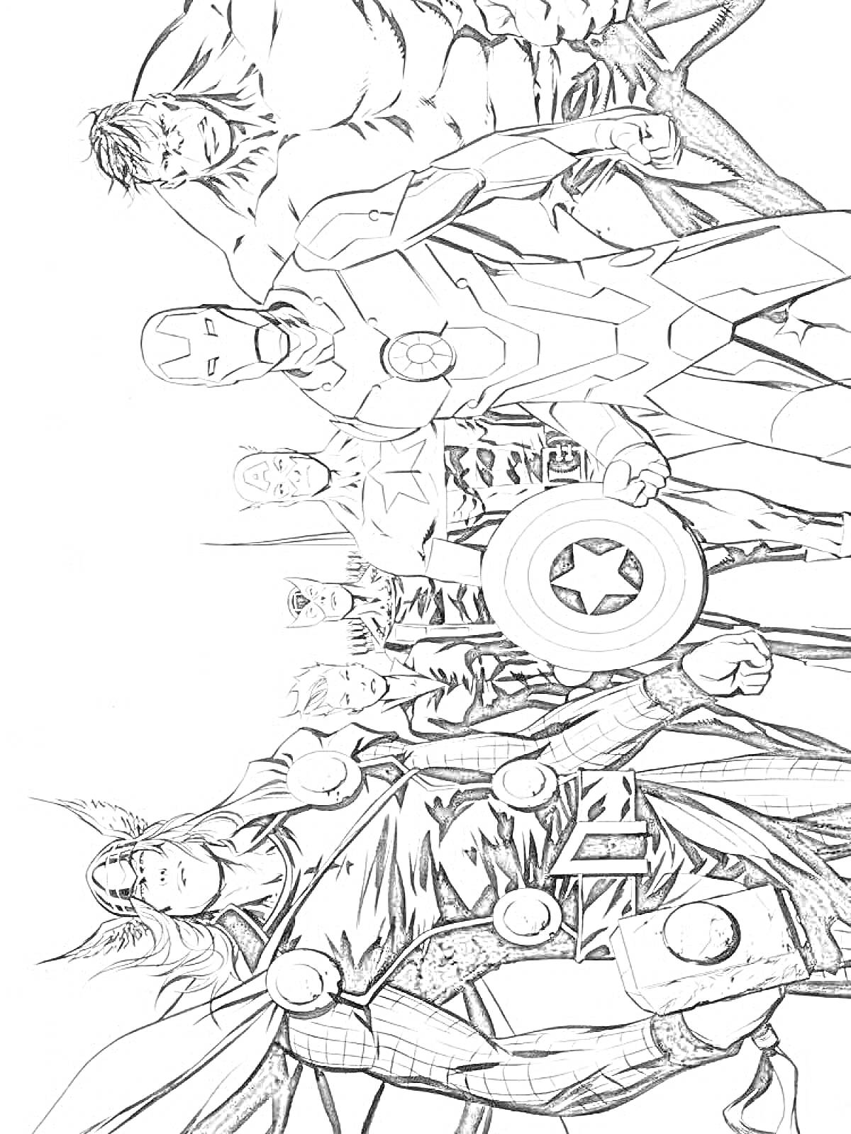 Раскраска Супергерои в боевой готовности (Халк, Железный человек, Тор, Капитан Америка, Сокол, Черная вдова, Соколиный глаз)