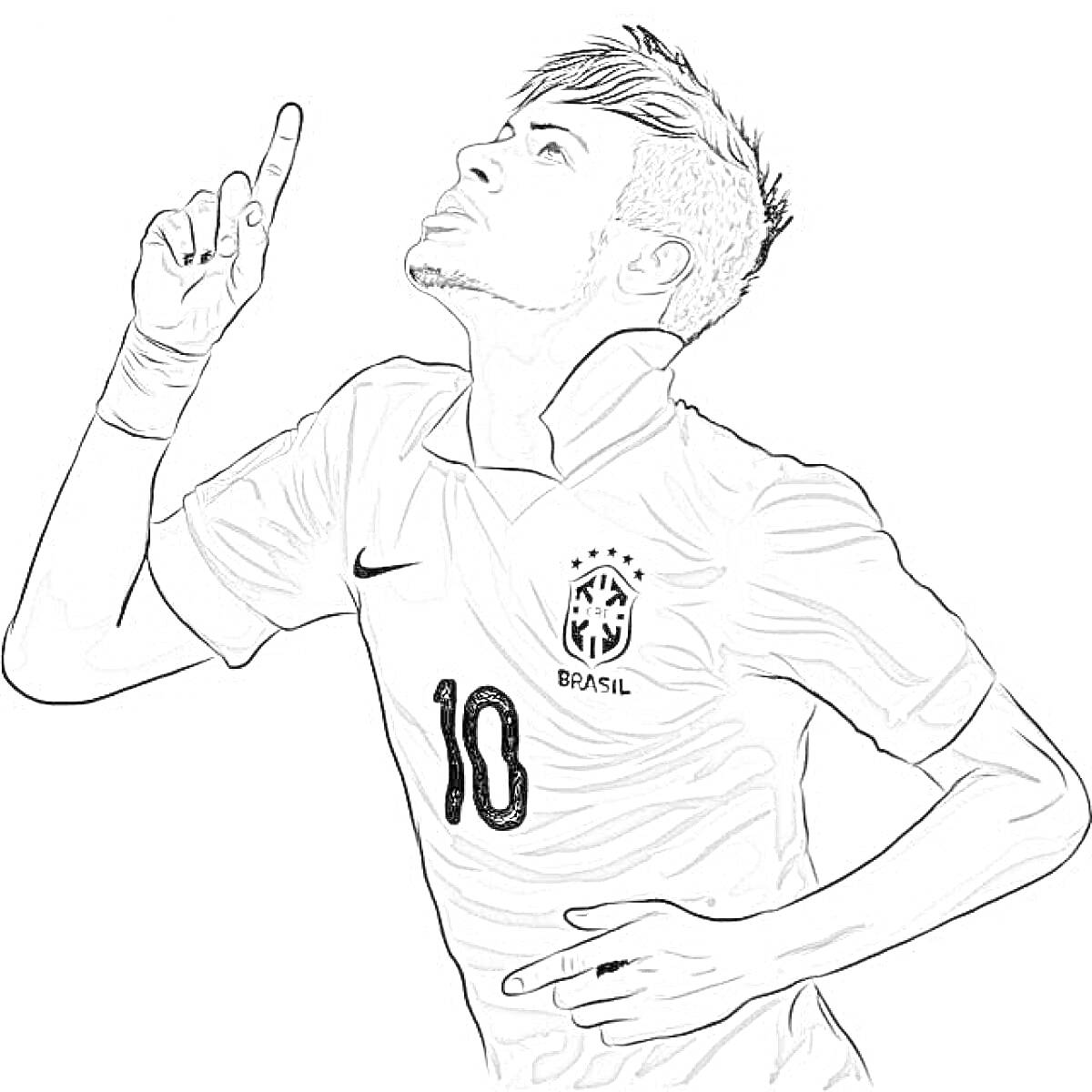 Раскраска Футболист в форме сборной Бразилии, указывающий вверх