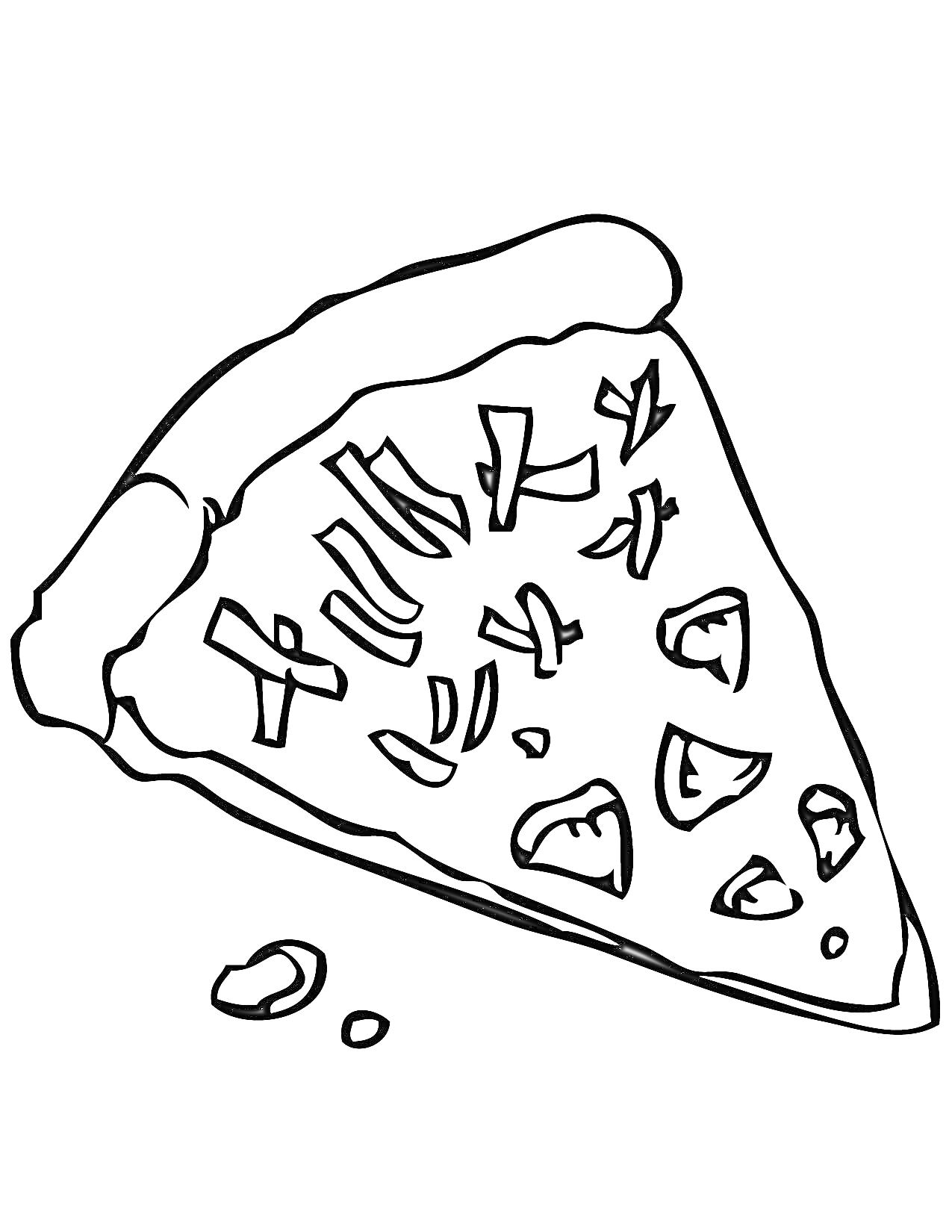 Раскраска Кусок пиццы с кусочками сыра и помидоров