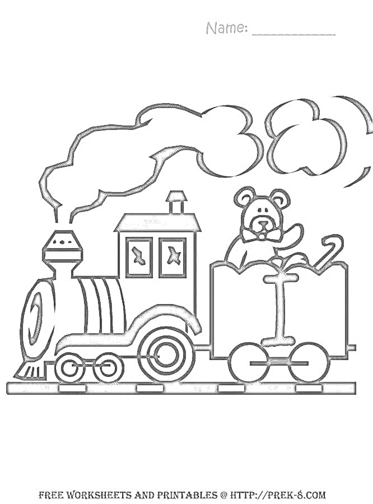 Раскраска Паровоз с вагончиком и медвежонком на железнодорожном переезде