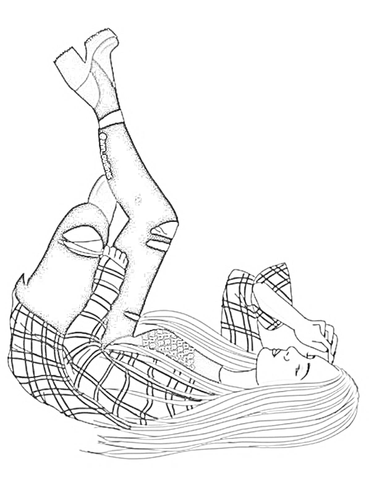 Раскраска Девушка с длинными волосами в клетчатой рубашке, рваных джинсах и на платформе
