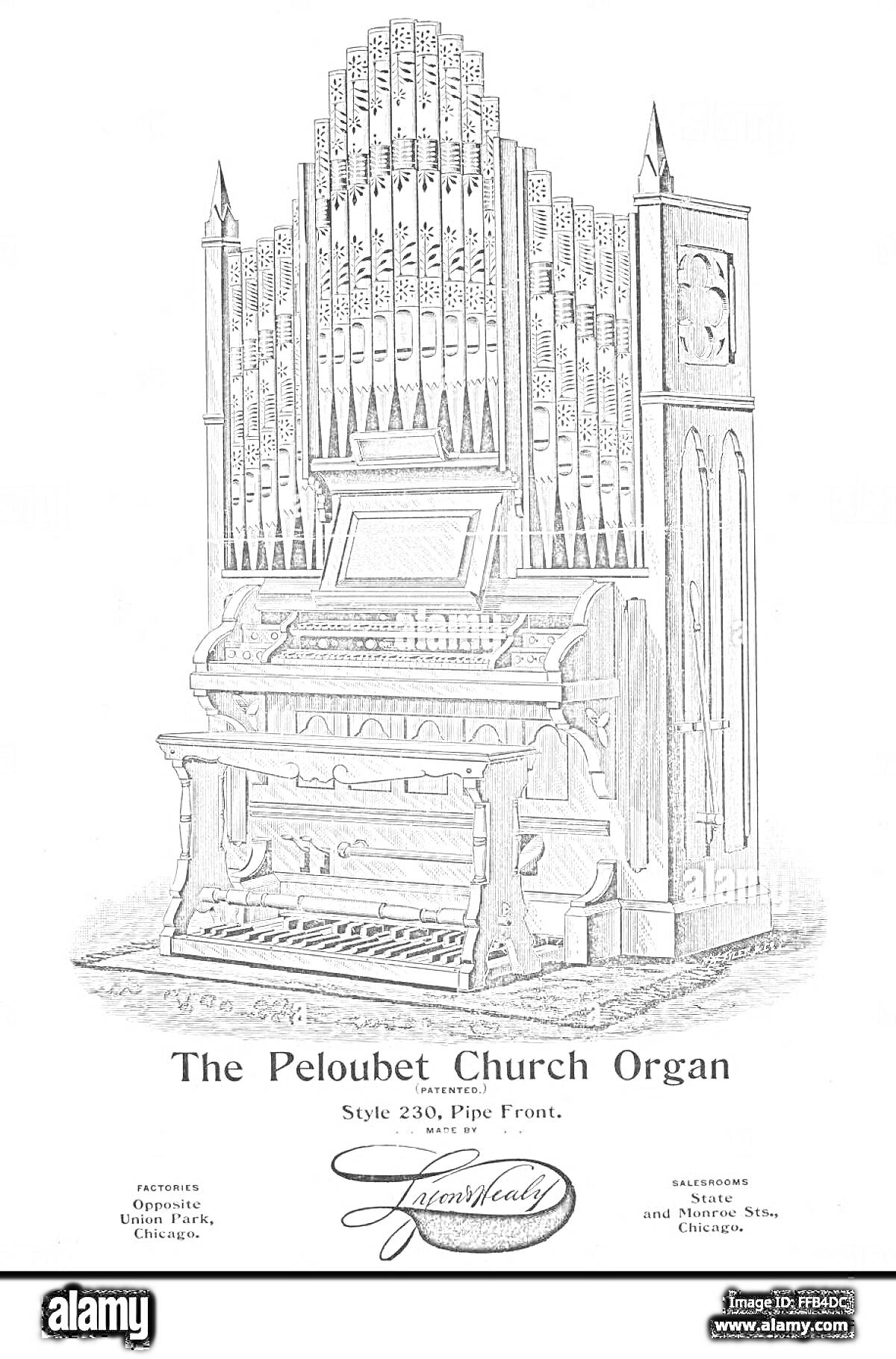 The Peloubet Church Organ (Орган Peloubet для церкви) - Стиль 230, Pipe Front. Изображение включает органы, клавиши, педали, трубы органа и декоративные элементы.