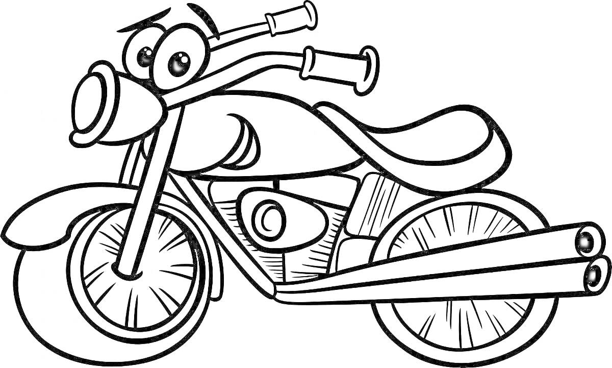 На раскраске изображено: Мотоцикл, Гонки, Транспорт, Улыбка, Колёса, Выхлопные трубы, Руль