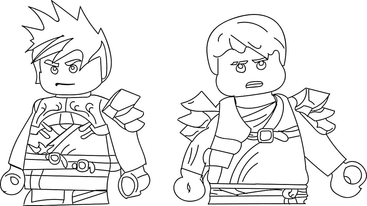 Раскраска Два персонажа в стиле Лего из Roblox с прическами и броней