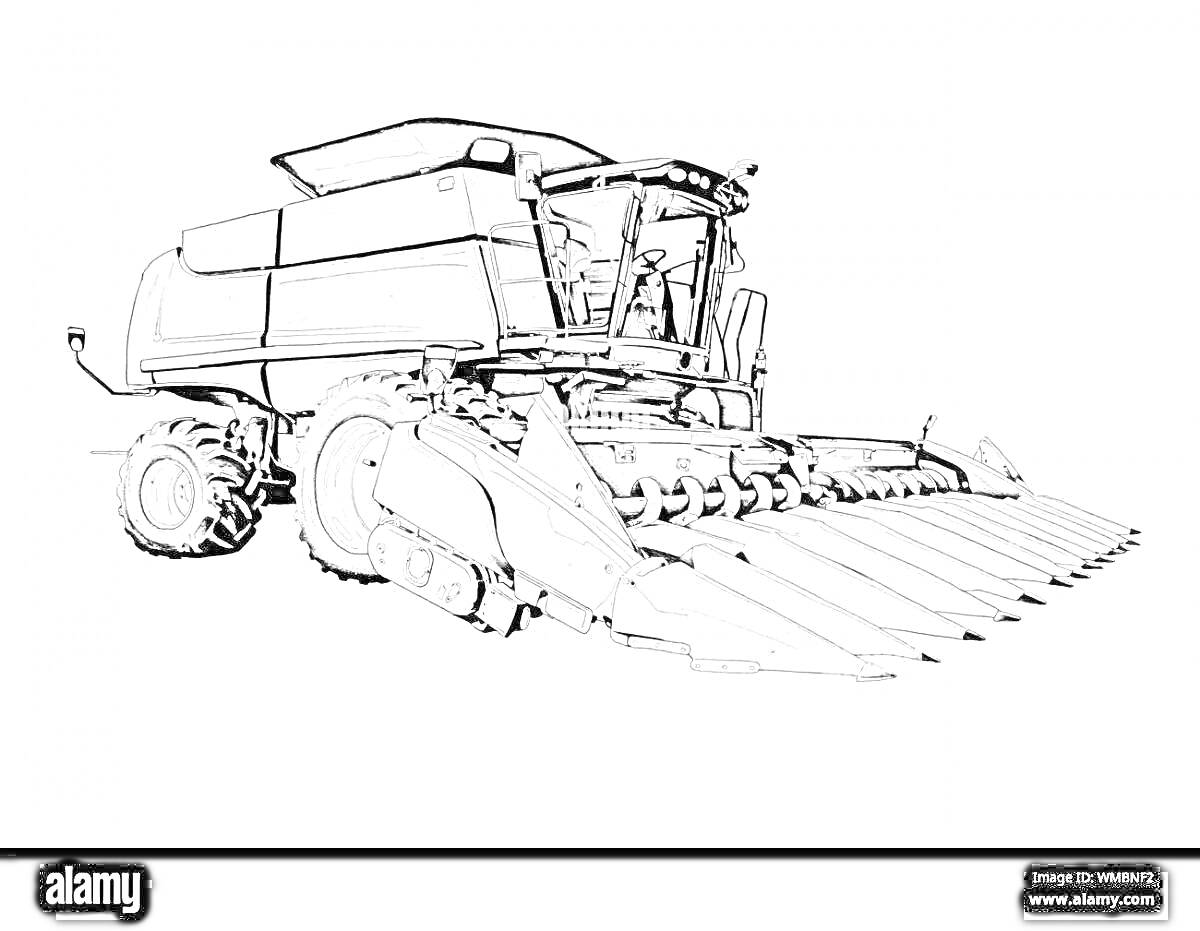 На раскраске изображено: Комбайн, Нива, Жатка, Сельскохозяйственная техника, Сбор урожая, Кабина водителя