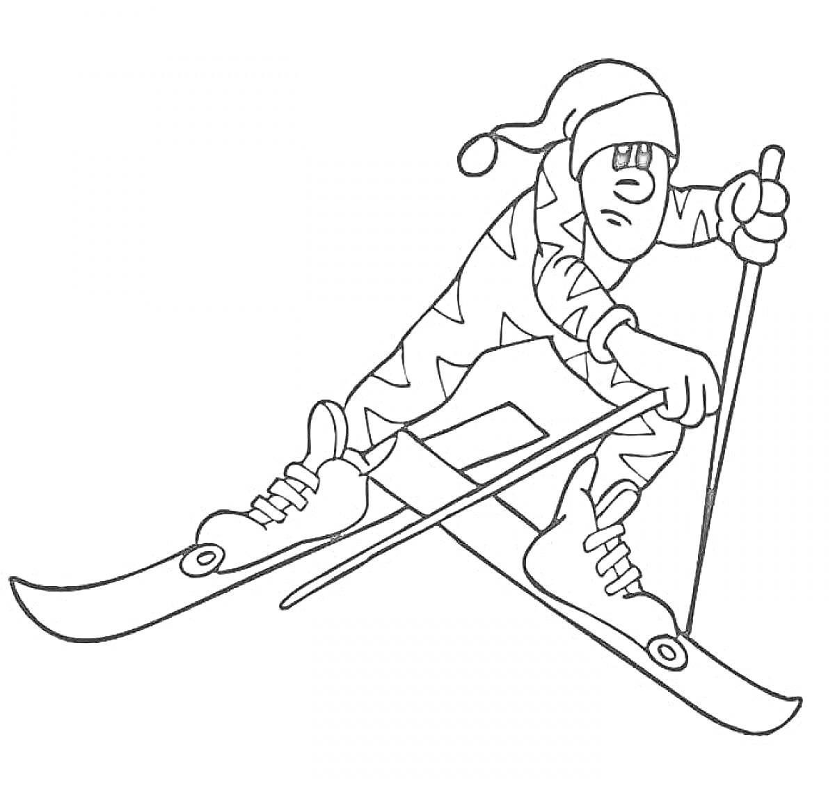 На раскраске изображено: Лыжник, Зима, Спорт, Лыжи, Лыжные палки, Шапка, Зимняя одежда, Активный отдых, Комбинезоны