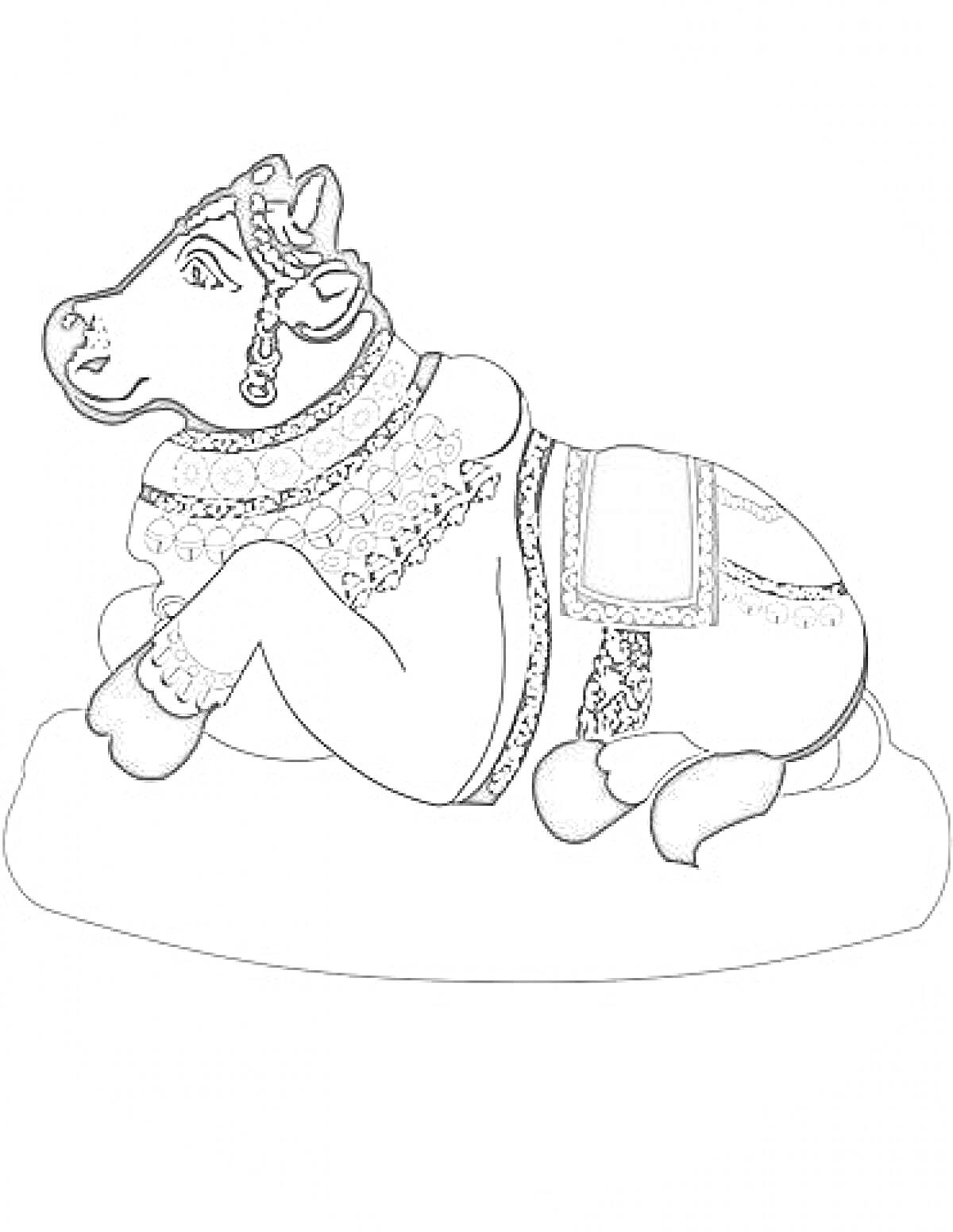 Раскраска Священный бык Нанди в украшениях, лежащий на подушке