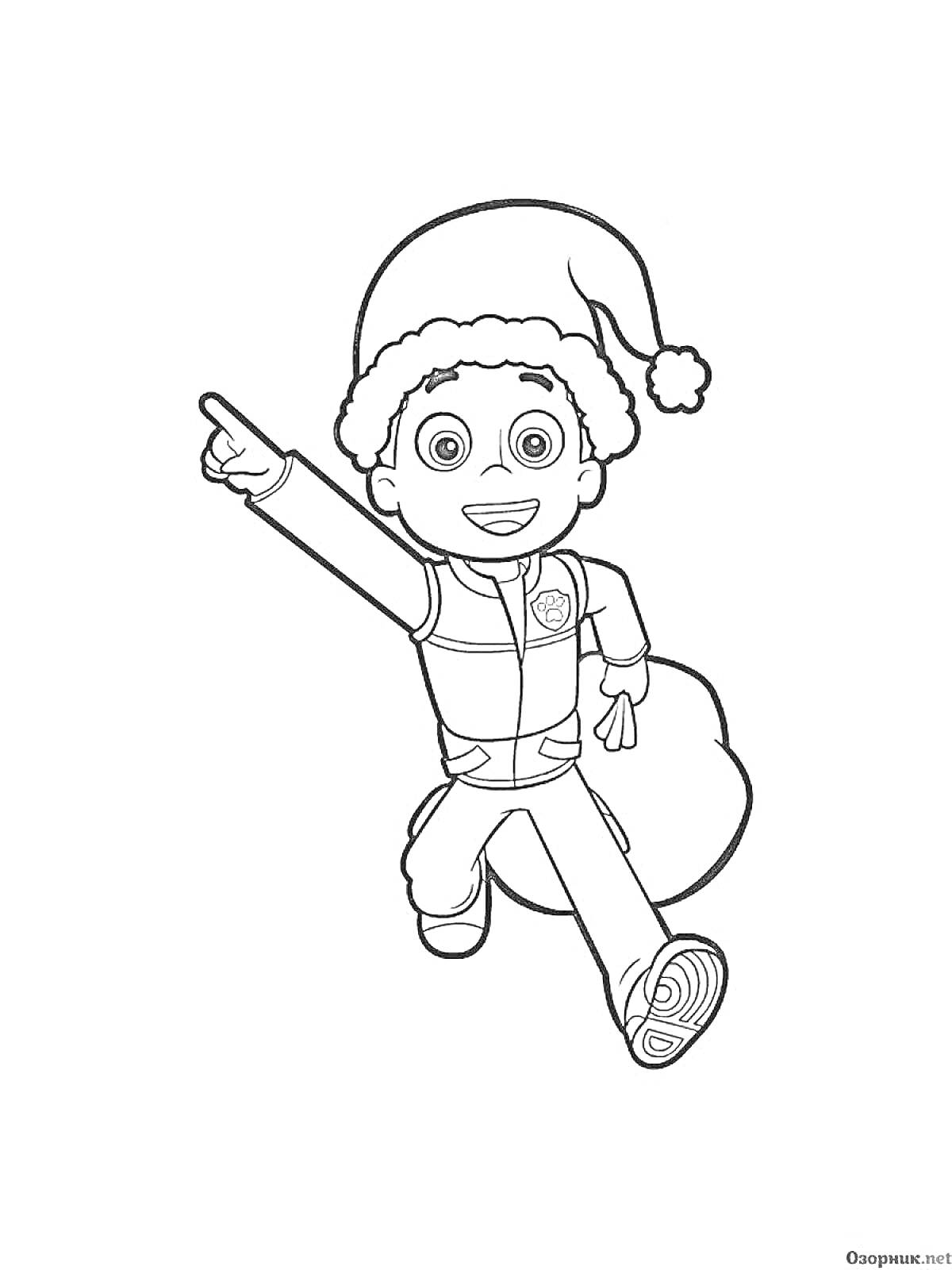 Раскраска Мальчик райдер в шапке Санты с мешком рождественских подарков