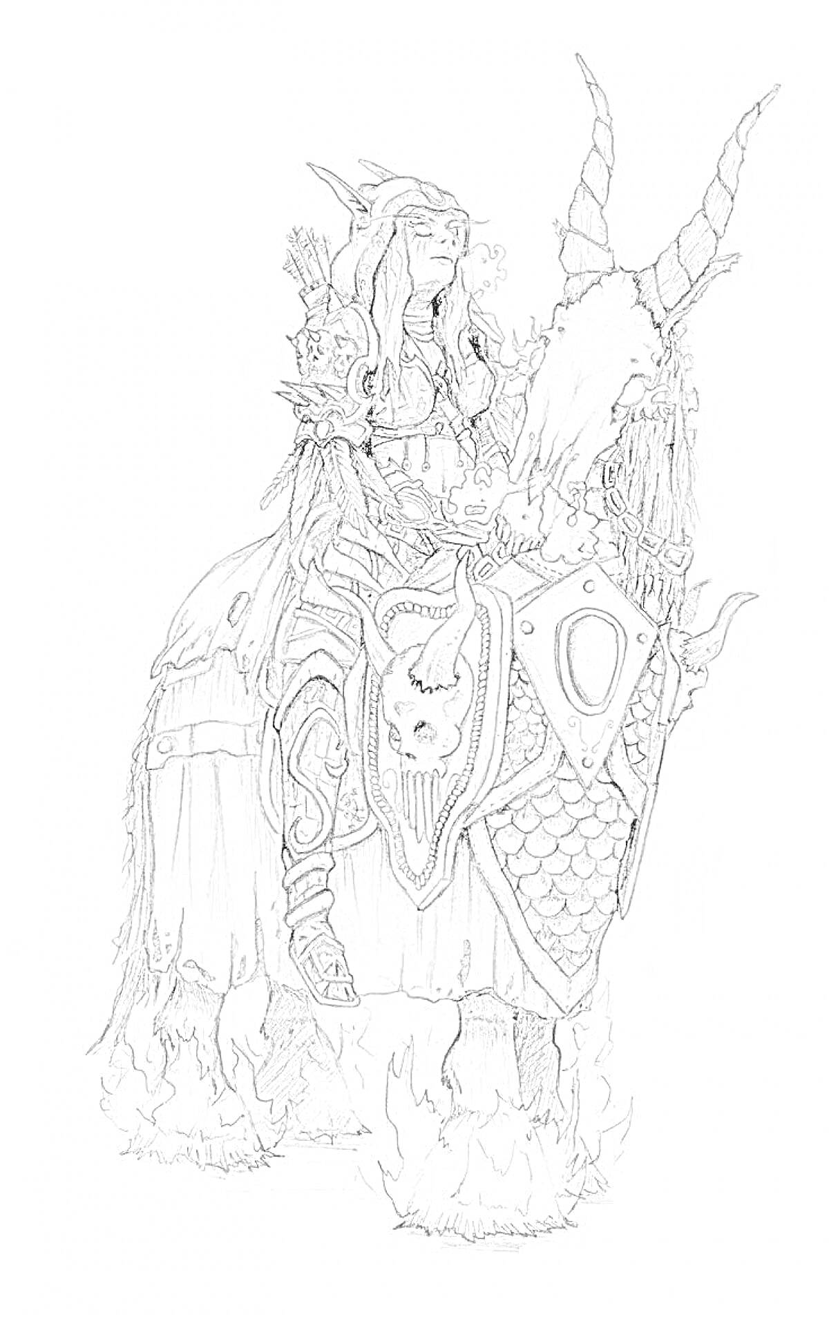 Раскраска Воин в доспехах верхом на адской лошади