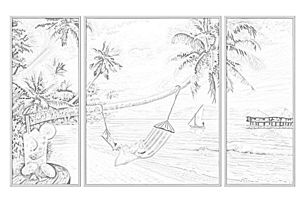 Раскраска пляжный отдых под пальмами с гамаком, кокосами, парусной лодкой и пирсом