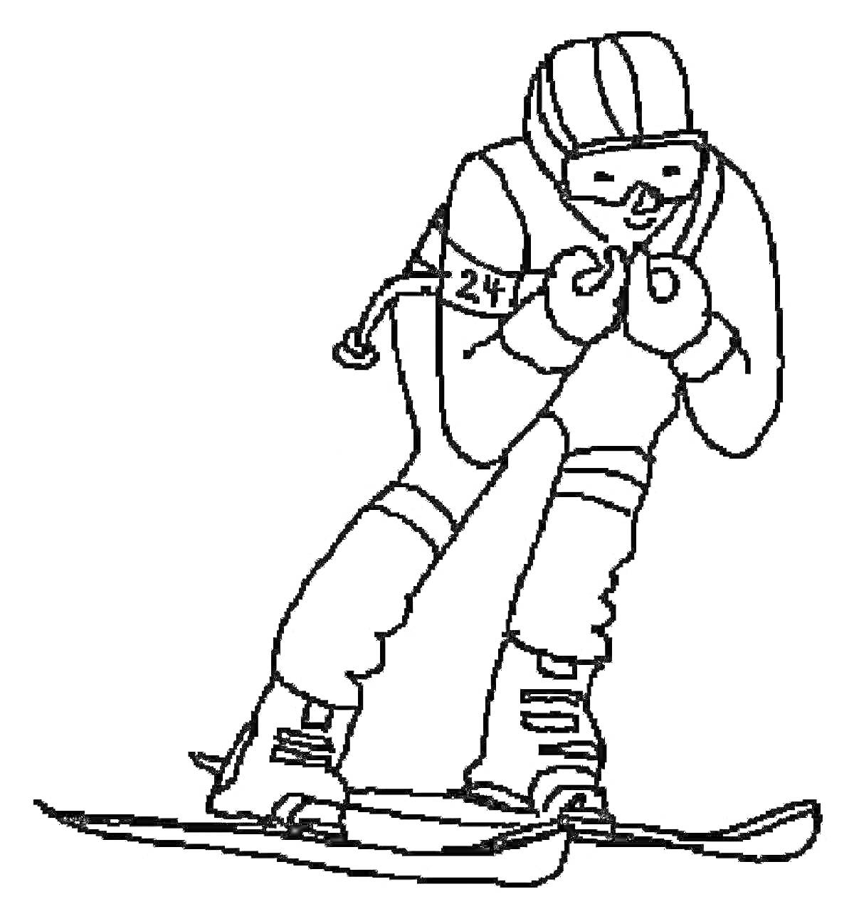 На раскраске изображено: Лыжи, Лыжник, Зимние виды спорта, Костюм, Спуск, Зима, Снег, Соревнования, Шлемы