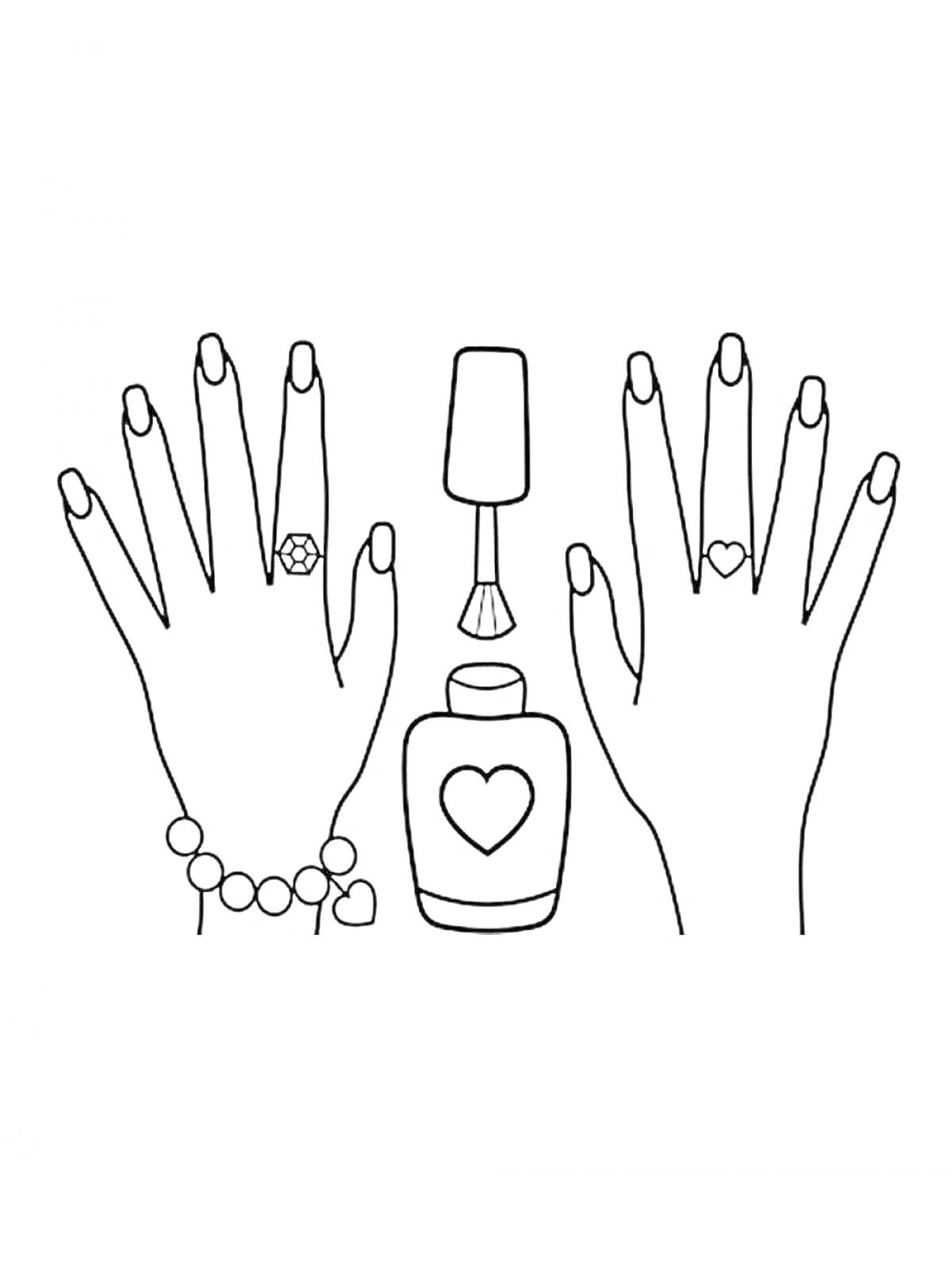 Раскраска Две руки с кольцами и перстнями, браслет, флакон лака для ногтей с кисточкой