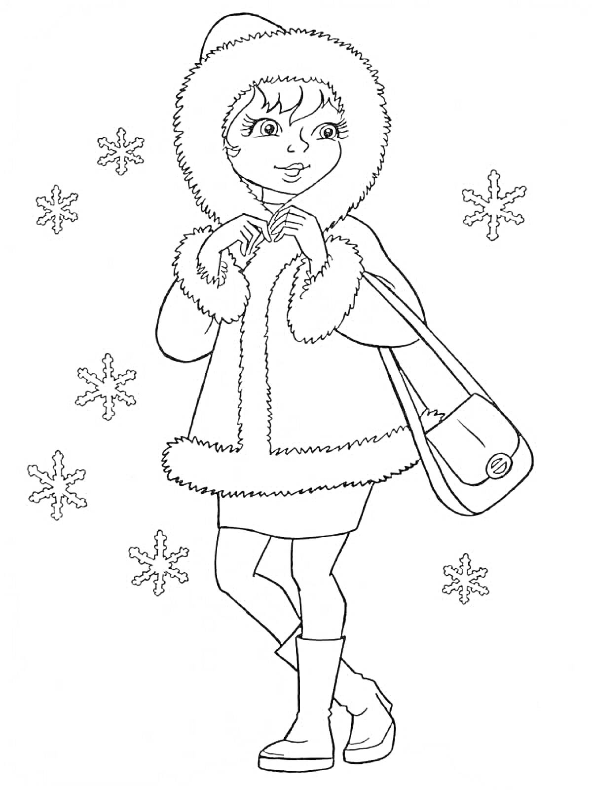 Девочка в зимней одежде с сумкой и снежинками