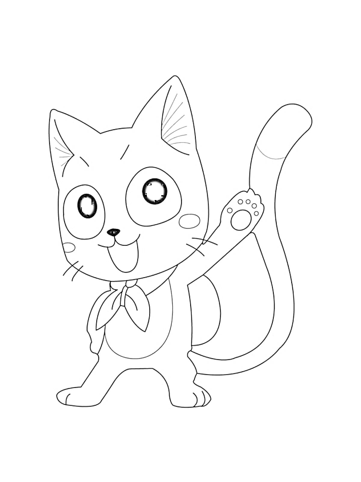 Раскраска Кот с повязкой на шее, поднимающий лапу вверх
