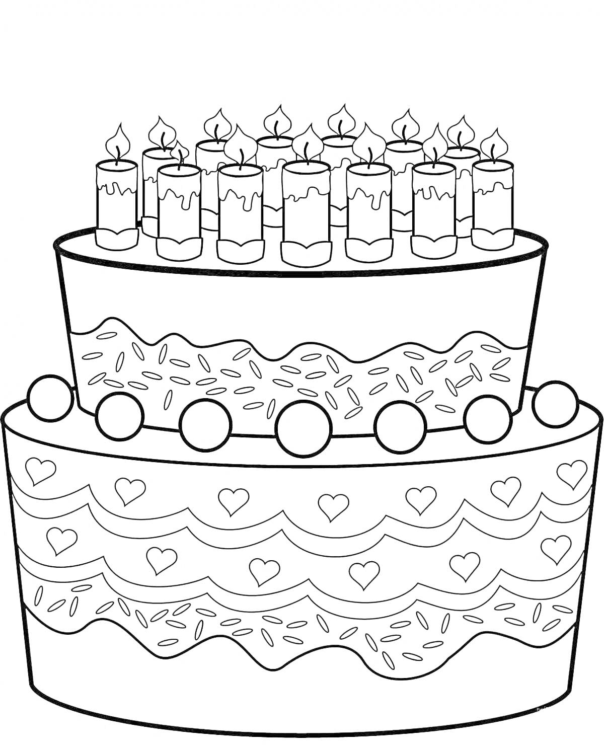 На раскраске изображено: Торт, Свечи, Двухъярусный, Волнистые узоры, Присыпка, Сладости, День рождения