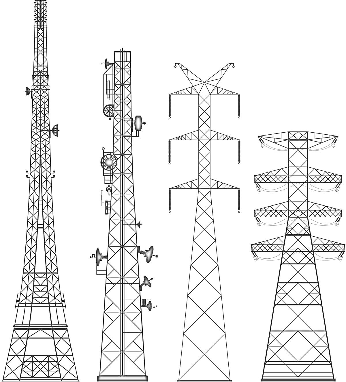 Раскраска Электрические башни с оборудованием, антенны и высоковольтные линии
