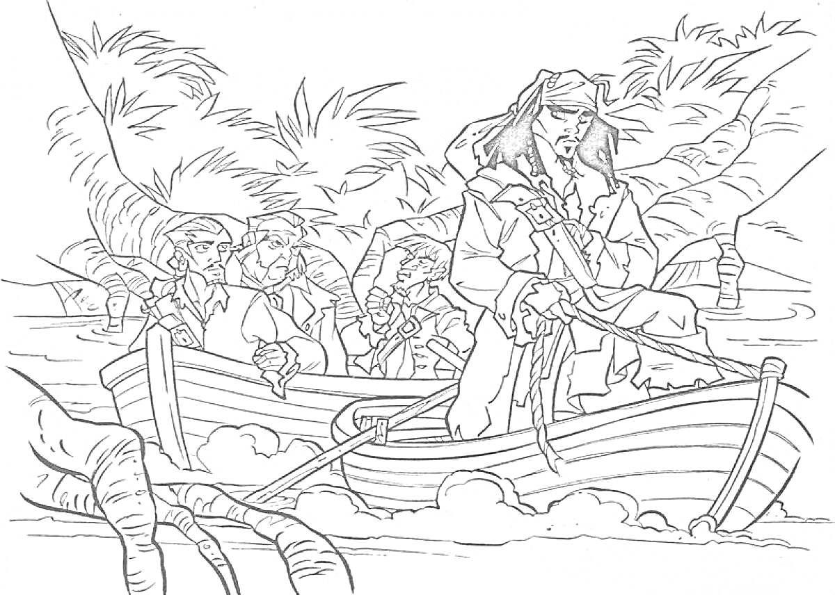 Раскраска Пять пиратов в лодке на фоне пальм, морского чудовища и звёздного неба