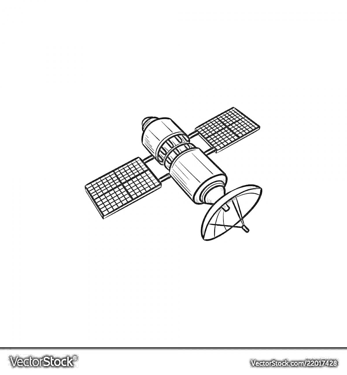 Раскраска Спутник с солнечными панелями и параболической антенной