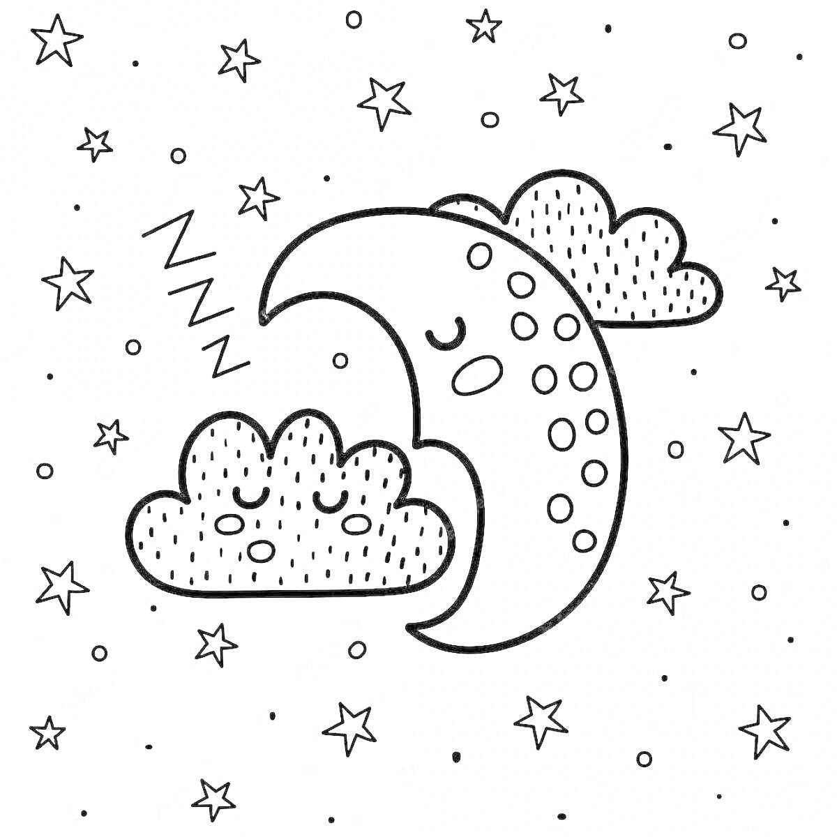 На раскраске изображено: Звезды, Луна, Облака, Сон, Небо