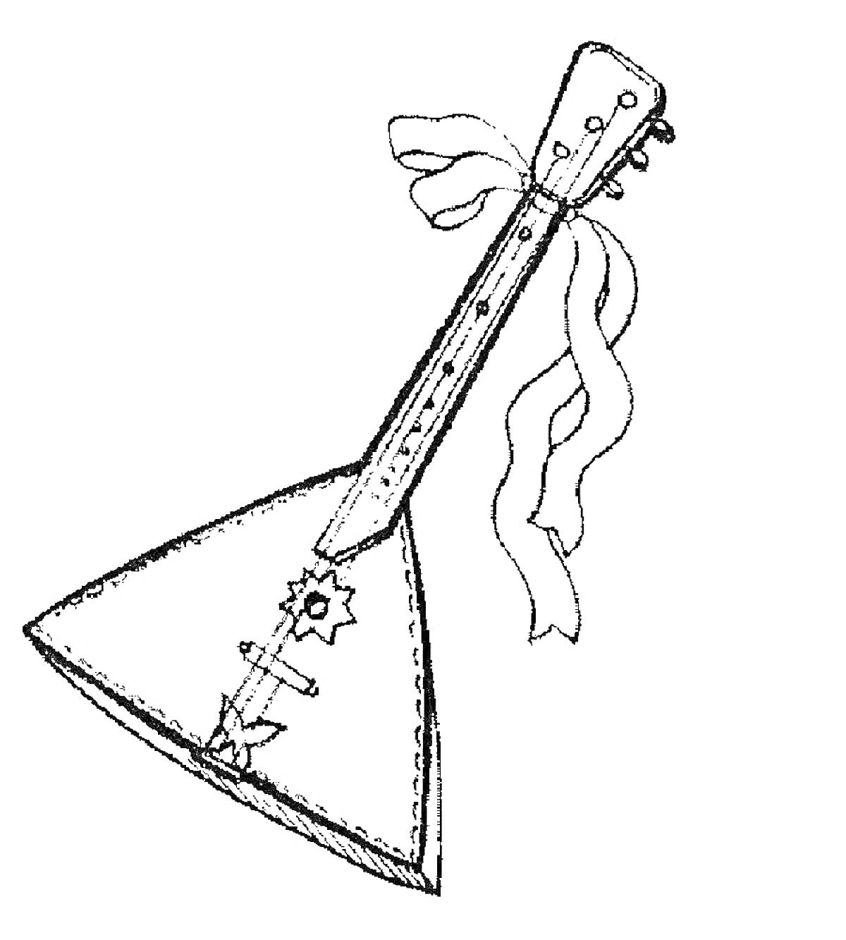 На раскраске изображено: Балалайка, Музыкальный инструмент, Струны, Лента, Контурные рисунки, Традиции
