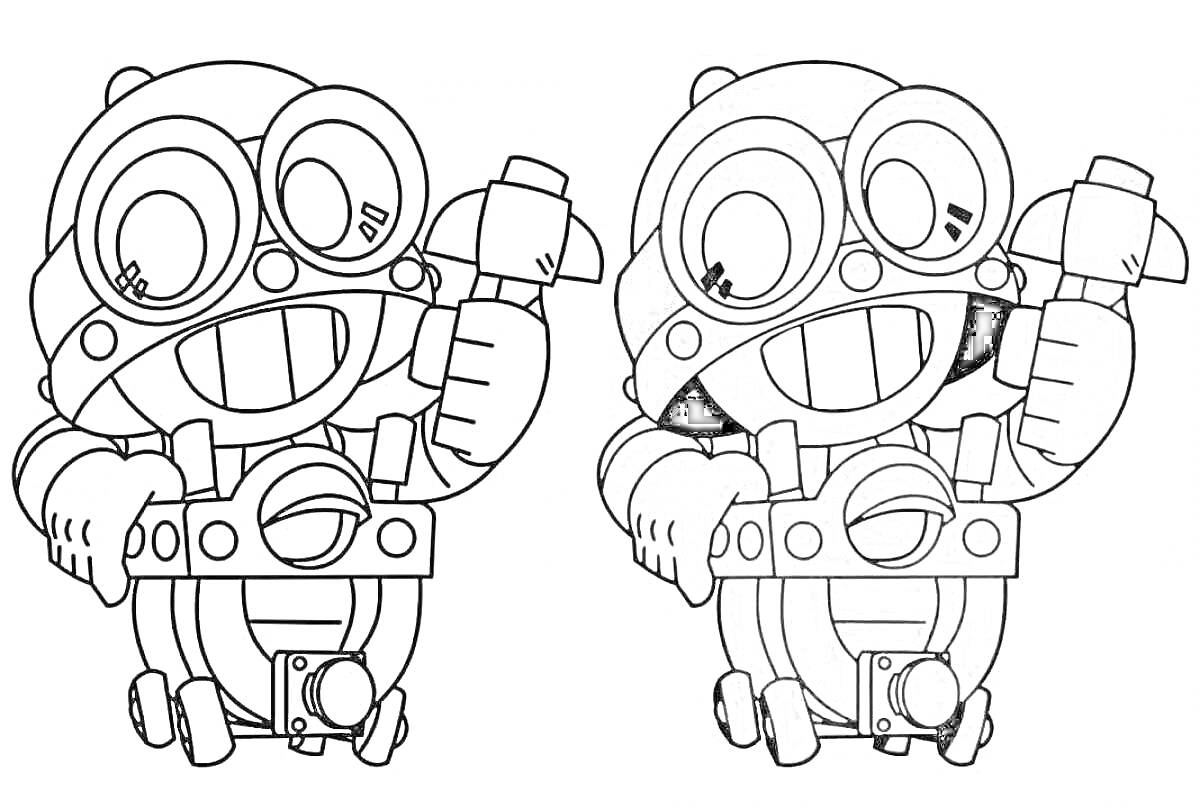 Раскраска Персонаж из игры Brawl Stars, в очках, с кистью и наколенниками (слева для раскрашивания)