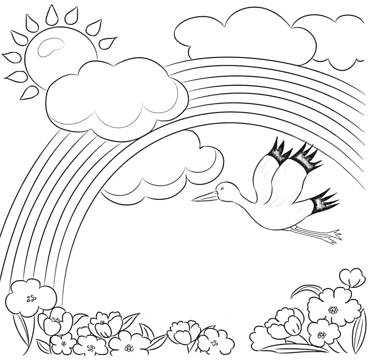 На раскраске изображено: Солнце, Облака, Аист, Цветы, Мир, Природа, Небо, Мир без войны
