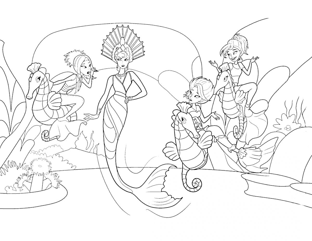 На раскраске изображено: Барби, Морские коньки, Подводный мир, Аквариум, Растения, Русалка, Морские животные